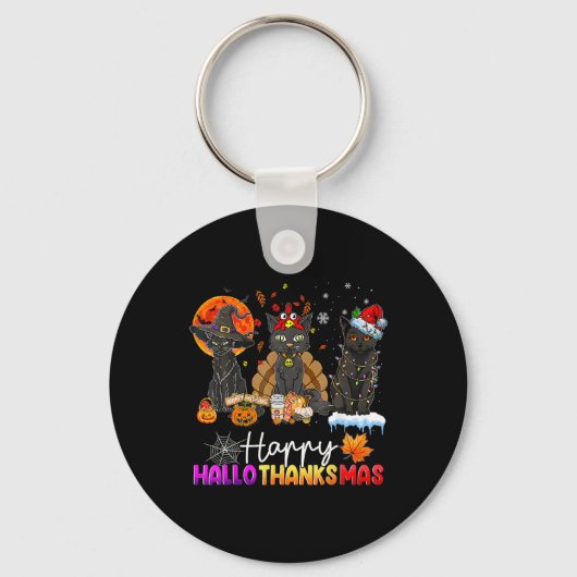 Happy Hallothanksmas Black Cat Halloween Thanksgiv Sleutelhanger (Voorkant)