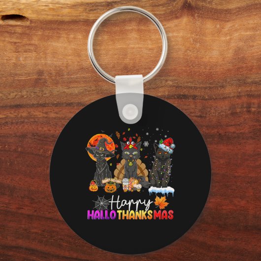 Happy Hallothanksmas Black Cat Halloween Thanksgiv Sleutelhanger (Voorkant)