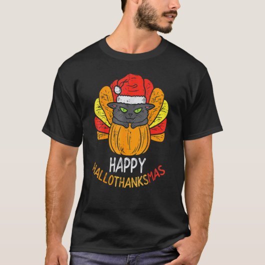 Happy Hallothanksmas Cat Turkey Cat Thanksgiving C T-shirt (Voorkant)