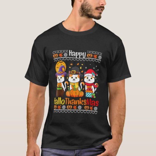Happy HalloThanksMas Cats Fall  Thanksgiving Chris T-shirt (Voorkant)