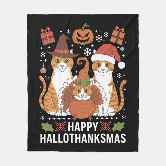 Happy Hallothanksmas Cats Halloween Christmas Fleece Deken (Voorkant)