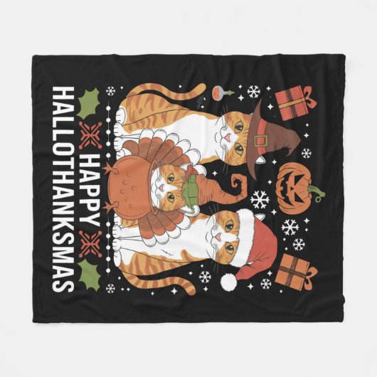 Happy Hallothanksmas Cats Halloween Christmas Fleece Deken (Voorkant (Horizontaal))
