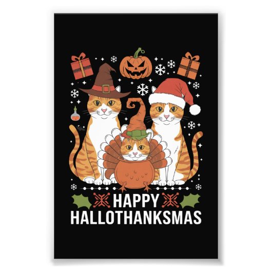 Happy Hallothanksmas Cats Halloween Christmas Foto Afdruk (Voorkant)