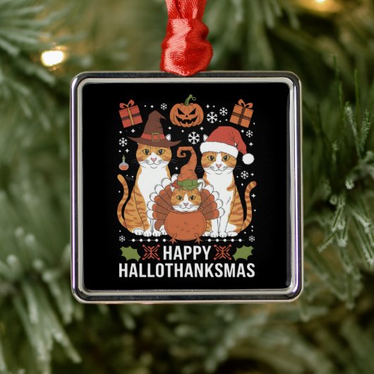 Happy Hallothanksmas Cats Halloween Christmas Metalen Ornament (Boom)