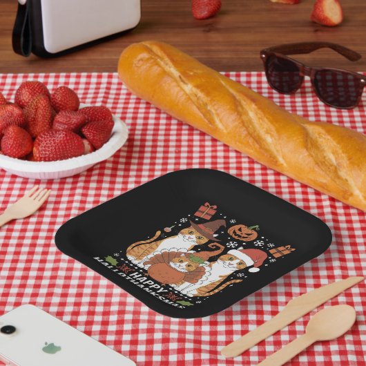 Happy Hallothanksmas Cats Halloween Christmas Papieren Bordje (Picknick)