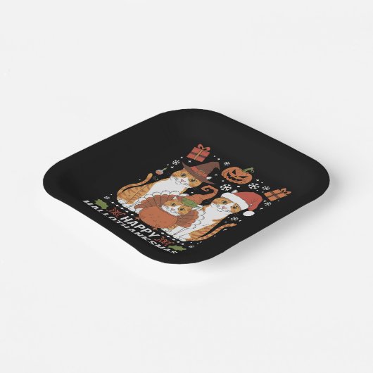 Happy Hallothanksmas Cats Halloween Christmas Papieren Bordje (Gebogen)