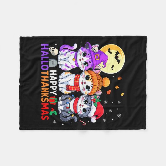 Happy Hallothanksmas Cats Halloween Thanksgiving C Fleece Deken (Voorkant (Horizontaal))