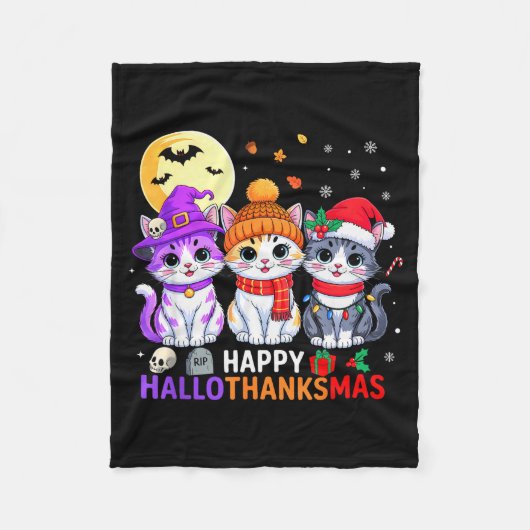 Happy Hallothanksmas Cats Halloween Thanksgiving C Fleece Deken (Voorkant)