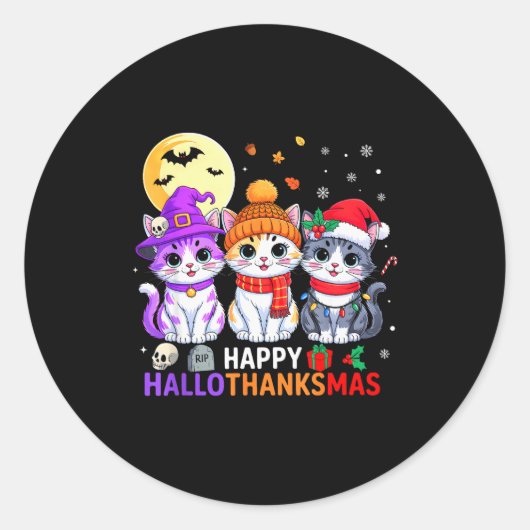 Happy Hallothanksmas Cats Halloween Thanksgiving C Ronde Sticker (Voorkant)