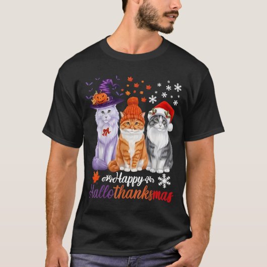 Happy HalloThanksMas Cats Halloween Thanksgiving C T-shirt (Voorkant)