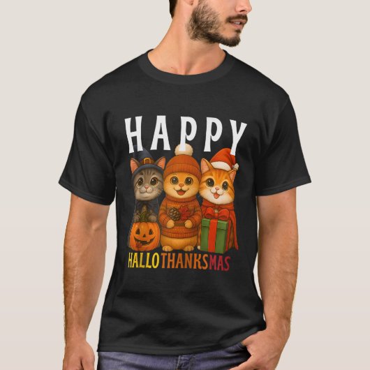 Happy Hallothanksmas Cats Halloween Thanksgiving C T-shirt (Voorkant)