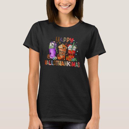 Happy Hallothanksmas Coffee Latte Halloween Thanks T-shirt (Voorkant)