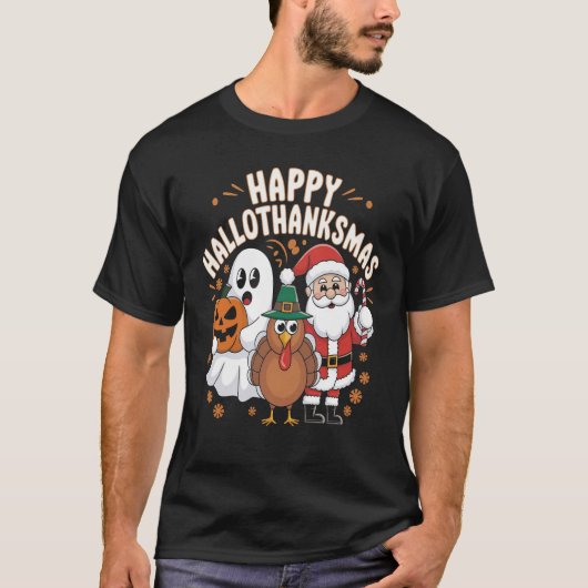 Happy Hallothanksmas Ghost Turkey Santa T-shirt (Voorkant)