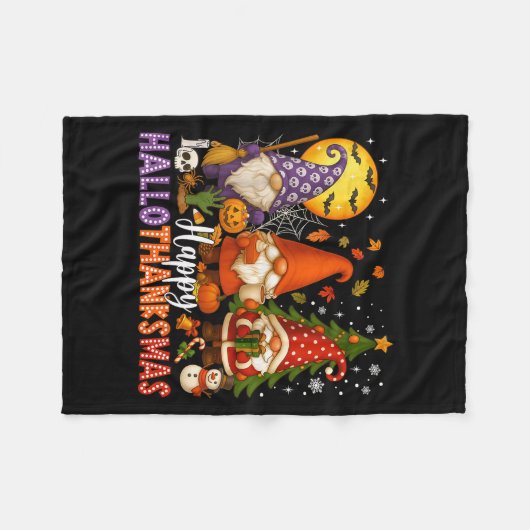 Happy Hallothanksmas Gnomes Halloween Thanksgiving Fleece Deken (Voorkant (Horizontaal))