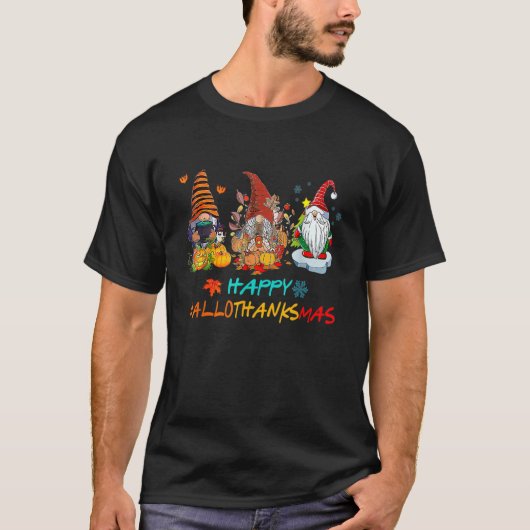Happy Hallothanksmas Gnomes  Witch Santa Hat Pumpk T-shirt (Voorkant)