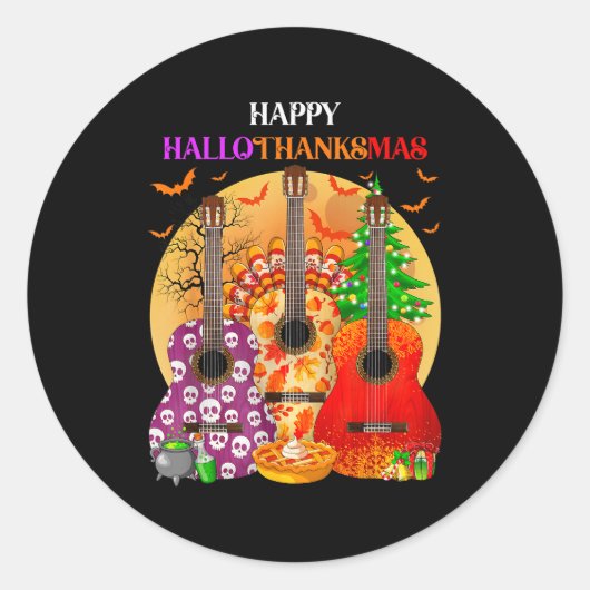 Happy Hallothanksmas Guitar Halloween Thanksgiving Ronde Sticker (Voorkant)