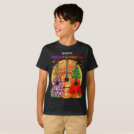 Happy Hallothanksmas Guitar Halloween Thanksgiving T-shirt (Voorkant volledig)