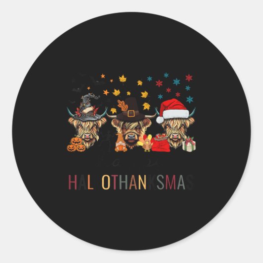 Happy Hallothanksmas Highland Koe Halloween Christ Ronde Sticker (Voorkant)