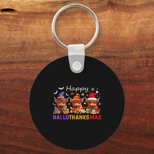 Happy Hallothanksmas Highland Koe Halloween Merry Sleutelhanger (Voorkant)