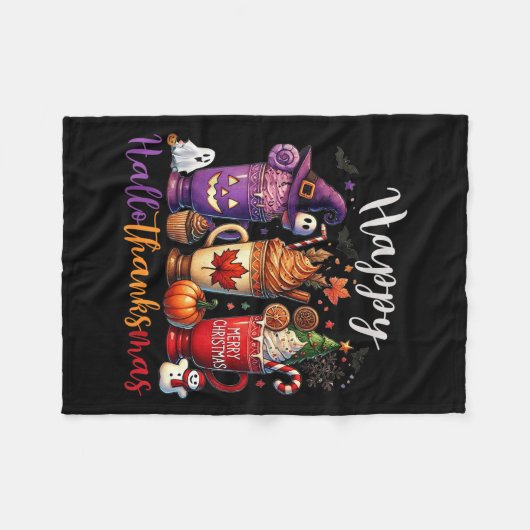 Happy Hallothanksmas Koffie Lover Halloween Merry Fleece Deken (Voorkant (Horizontaal))