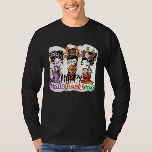 Happy Hallothanksmas Messy Bun Halloween Thanksgiv T-shirt (Voorkant)
