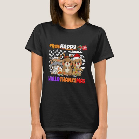 Happy Hallothanksmas Otter  Thanksgiving Christmas T-shirt (Voorkant)