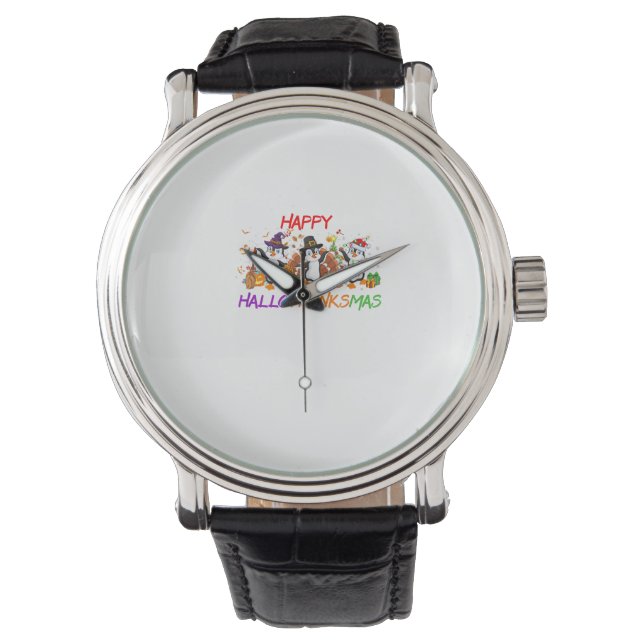 Happy Hallothanksmas Penguin Halloween Thanksgivin Horloge (Voorkant)