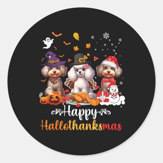 Happy Hallothanksmas Poedel Hond Halloween Kerstmi Ronde Sticker (Voorkant)