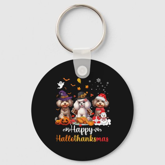 Happy Hallothanksmas Poedel Hond Halloween Kerstmi Sleutelhanger (Voorkant)