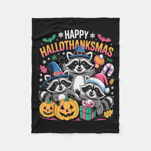 Happy Hallothanksmas Raccoon Halloween Merry Chris Fleece Deken (Voorkant)