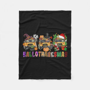 Happy Hallothanksmas School Bus Halloween Merry Ch Fleece Deken