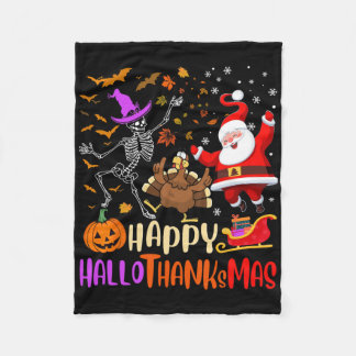 Happy Hallothanksmas Skeleton Pumpkin Turkey Santa Fleece Deken