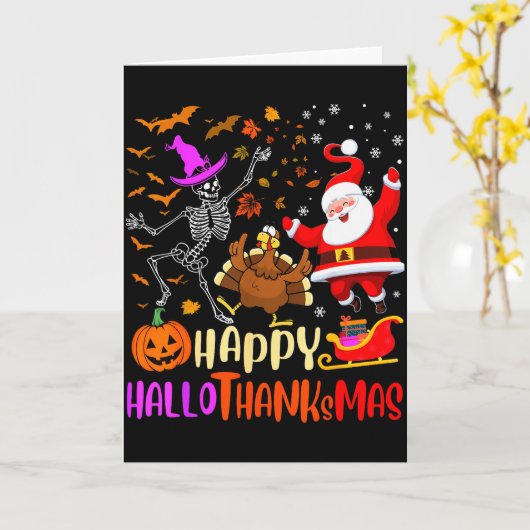 Happy Hallothanksmas Skeleton Pumpkin Turkey Santa Kaart (Gele Bloem)