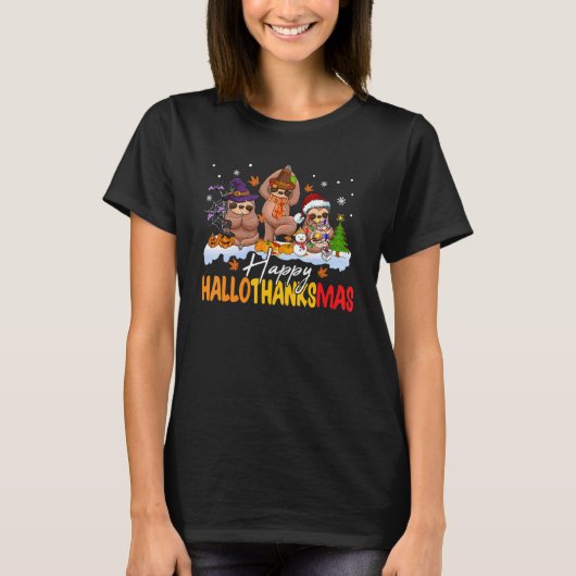 Happy Hallothanksmas Sloth  Thanksgiving Christmas T-shirt (Voorkant)