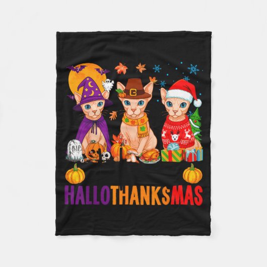 Happy Hallothanksmas Sphynx Cats Halloween Thanksg Fleece Deken (Voorkant)