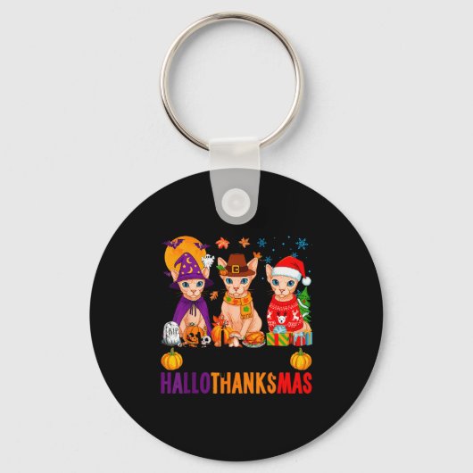 Happy Hallothanksmas Sphynx Cats Halloween Thanksg Sleutelhanger (Voorkant)
