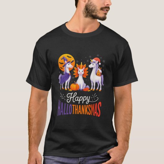 Happy Hallothanksmas Unicorns Halloween Thanksgivi T-shirt (Voorkant)