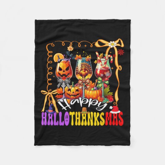 Happy Hallothanksmas Wine Gl Halloween Thanksgivin Fleece Deken (Voorkant)