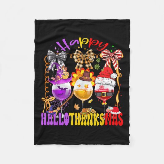 Happy Hallothanksmas Wine Gl Halloween Thanksgivin Fleece Deken (Voorkant)