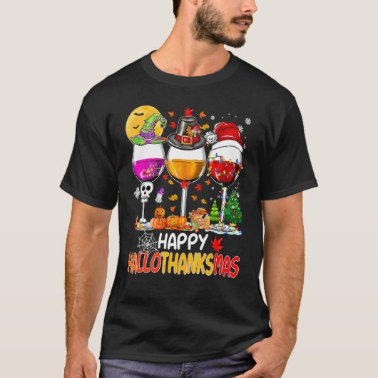 Happy Hallothanksmas Wine Glasses Witch Santa Hat  T-shirt (Voorkant)