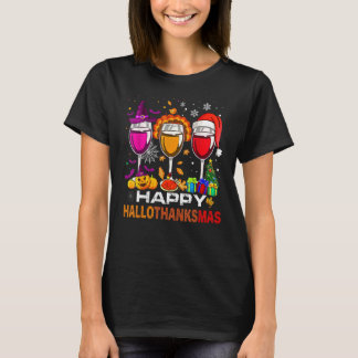 Happy Hallothanksmas Wine Glasses Witch Santa Hat  T-shirt