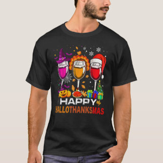 Happy Hallothanksmas Wine Glasses Witch Santa Hat  T-shirt