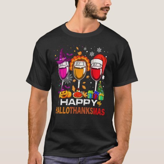 Happy Hallothanksmas Wine Glasses Witch Santa Hat  T-shirt (Voorkant)