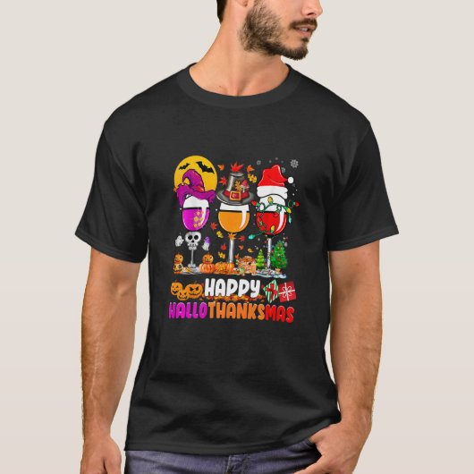 Happy Hallothanksmas Wine Glasses Witch Santa Hat T-shirt (Voorkant)