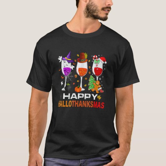 Happy Hallothanksmas Wine Glasses Witch Santa Hat T-shirt (Voorkant)