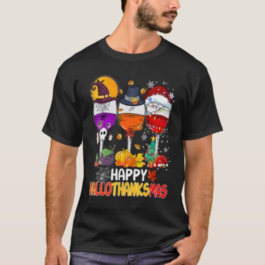 Happy Hallothanksmas Wine Glasses Witch Santa Hat  T-shirt (Voorkant)