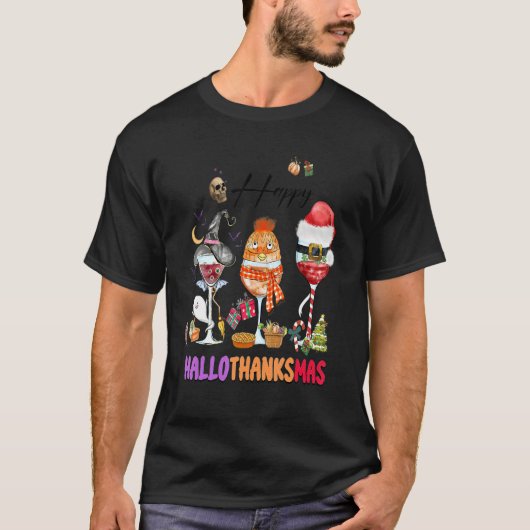 Happy Hallothanksmas Wine Glasses Witch Santa Hat T-shirt (Voorkant)