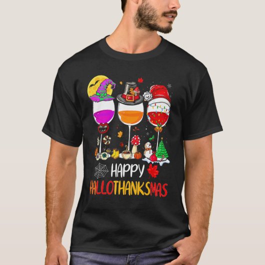 Happy Hallothanksmas Wine Glasses Witch Santa Hat  T-shirt (Voorkant)