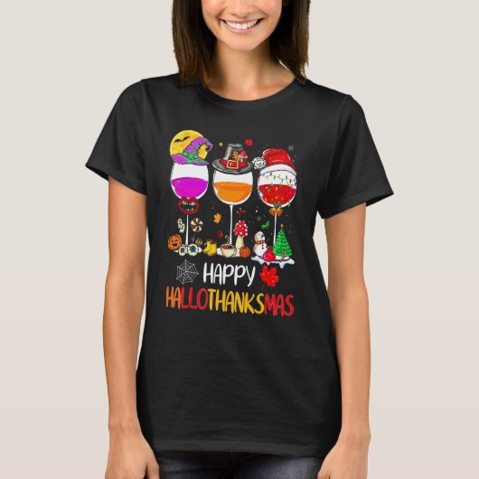 Happy Hallothanksmas Wine Glasses Witch Santa Hat  T-shirt (Voorkant)