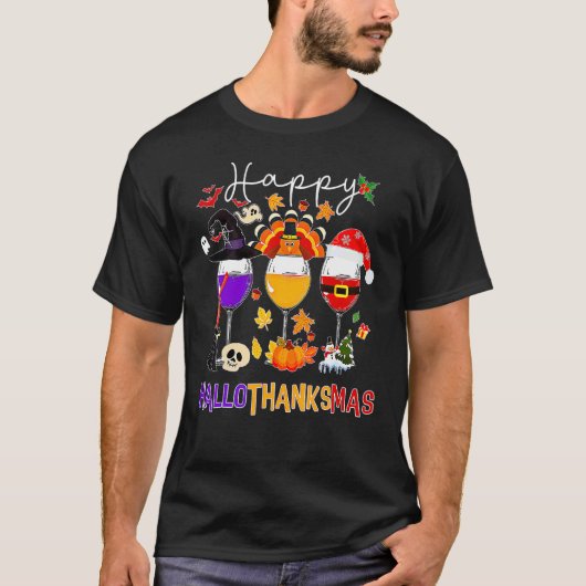 Happy Hallothanksmas Wine Glasses Witch Santa Hat  T-shirt (Voorkant)